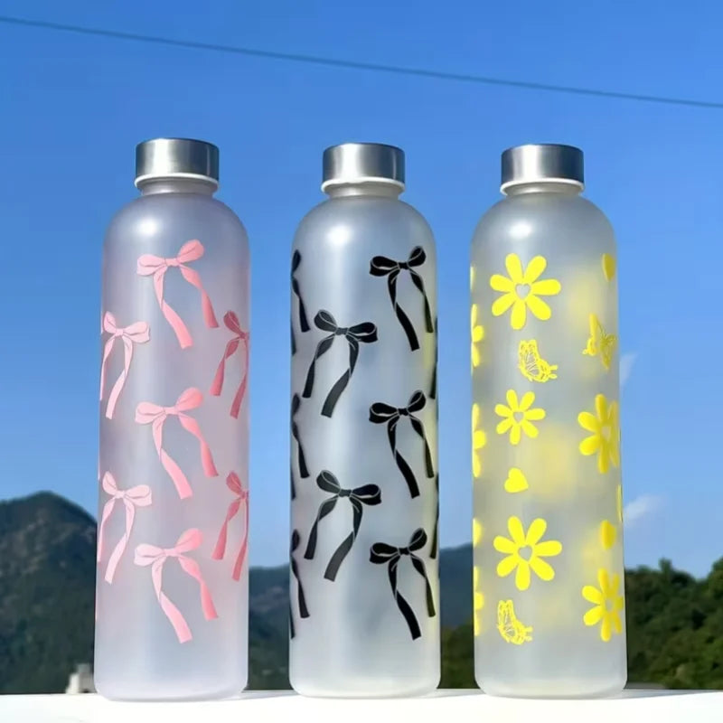 1000ml Frosted Sports Water Bottle Floral Bow Print Reusable Bottle - 7