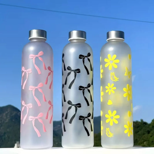 1000ml Frosted Sports Water Bottle Floral Bow Print Reusable Bottle