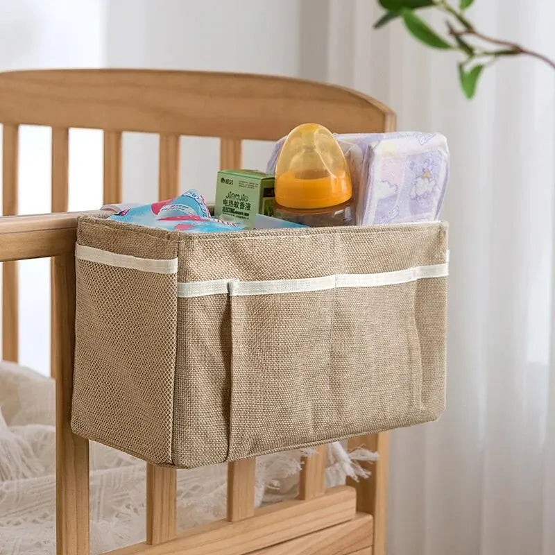 Cotton Linen Bedside Hanging Organizer Storage Bag for Crib Nursery - 1