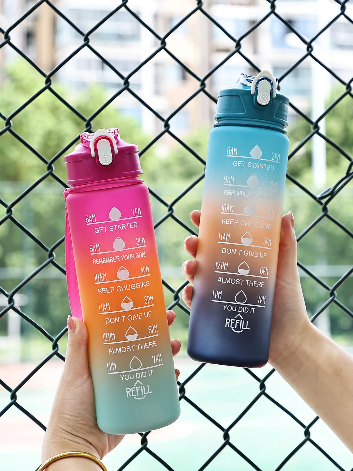 Motivational Sports Water Bottle with Time Marker and Leak Proof Straw