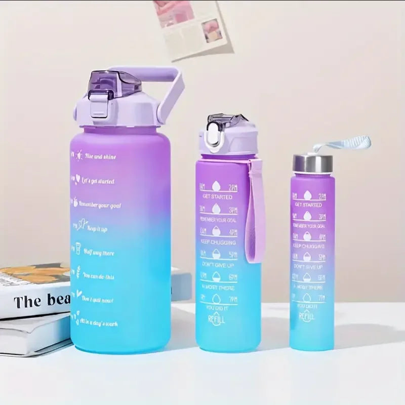 3Pc Gradient Water Bottle Set Large Fitness Motivational Jug with Straw - 14