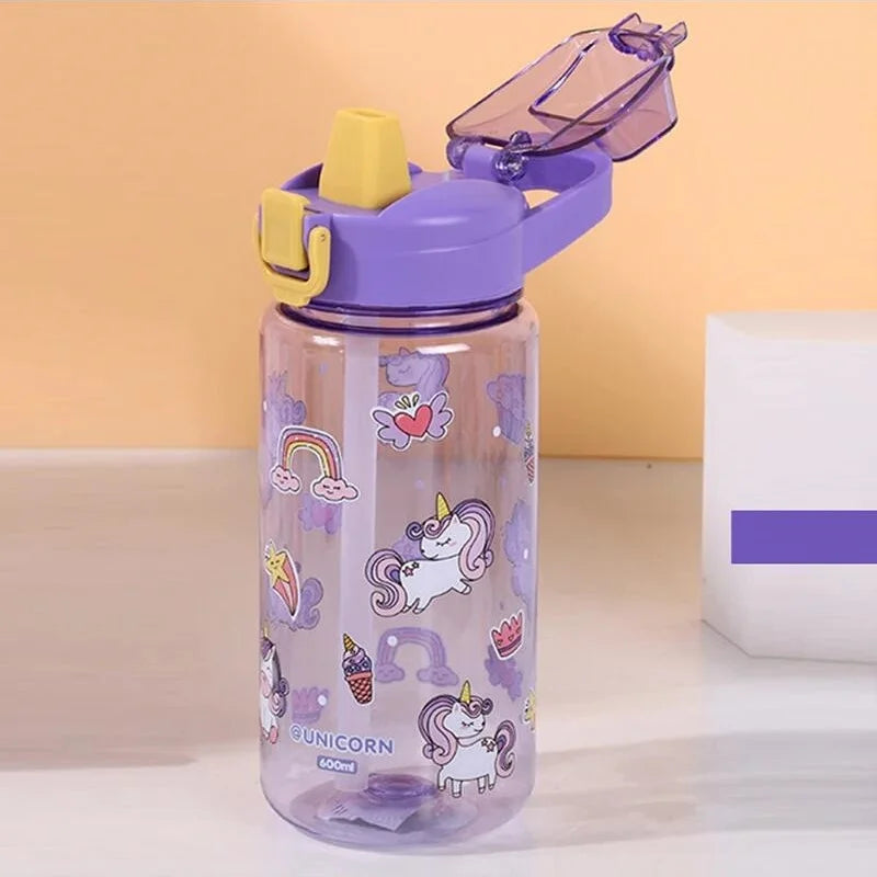600ml Kids Water Bottle Cartoon Leak Proof Straw Cup for School Travel