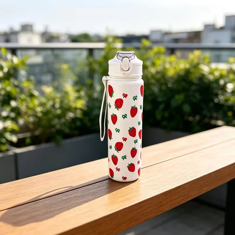 750ml Floral Strawberry Cherry Water Bottle Sports Tumbler with Straw