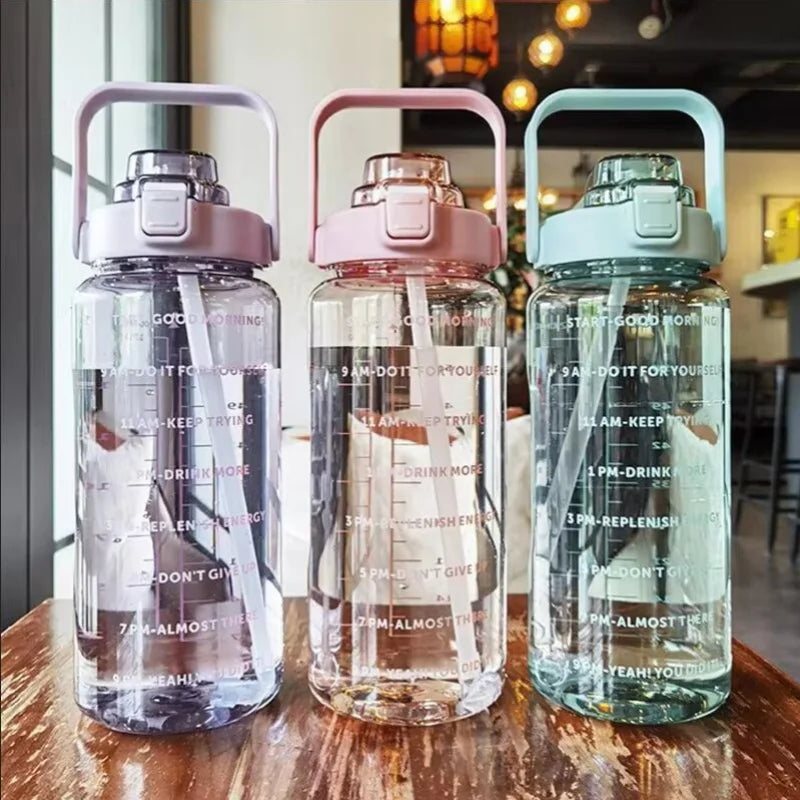2L Motivational Water Bottle with Straw and Time Marker Fitness Jug