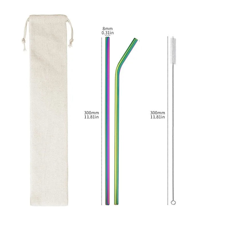 Reusable Stainless Steel Straw Set with Cleaning Brush and Storage Bag - 19