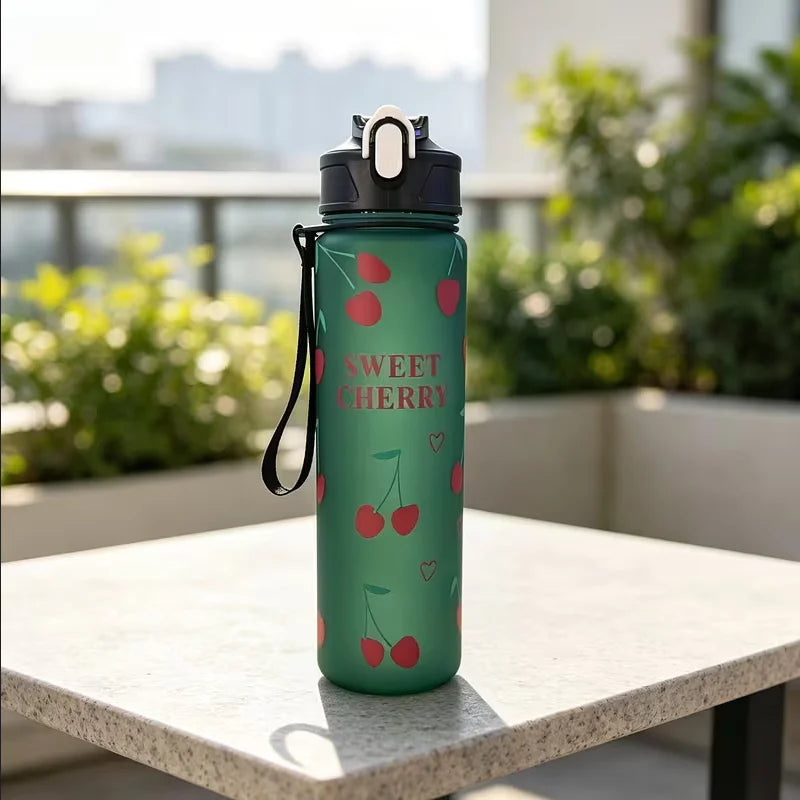 750ml Cherry Print Sports Water Bottle with Straw and Carrying Strap
