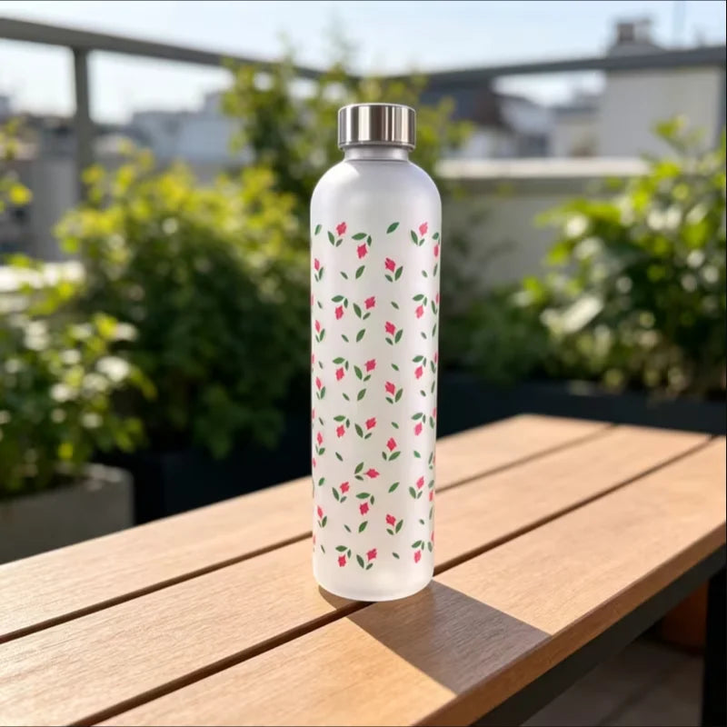 Floral Frosted Water Bottle 1000ml Leak Proof Sports Fitness Flask