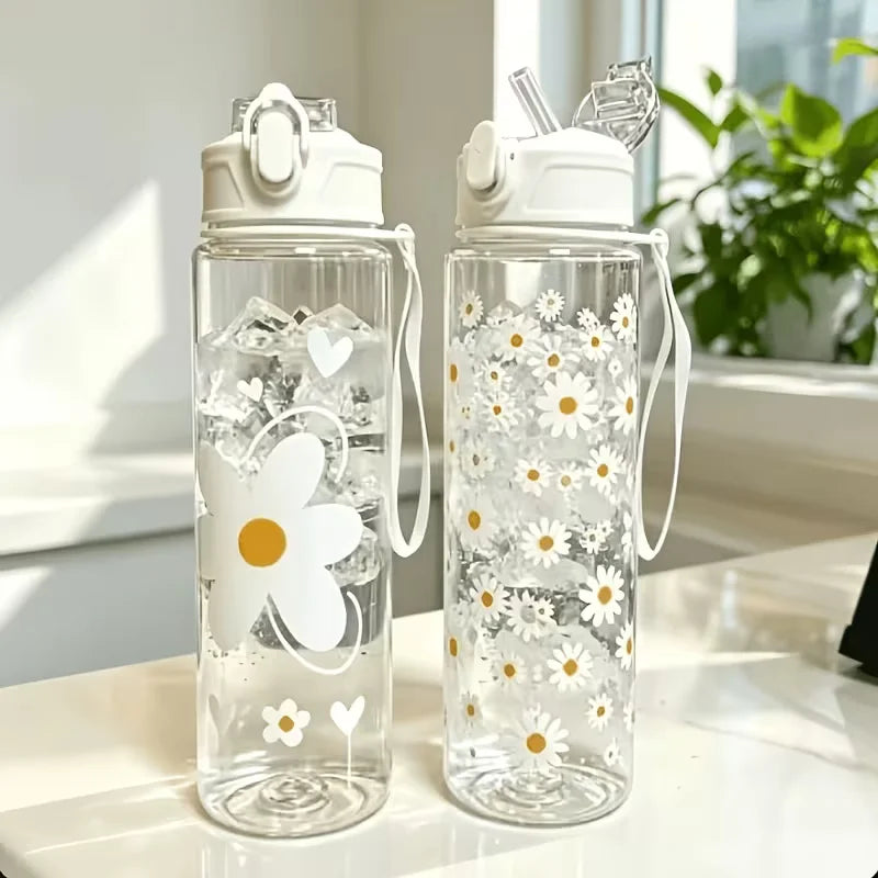 750ml Daisy Print Water Bottle Leak-Proof Portable Straw Cup