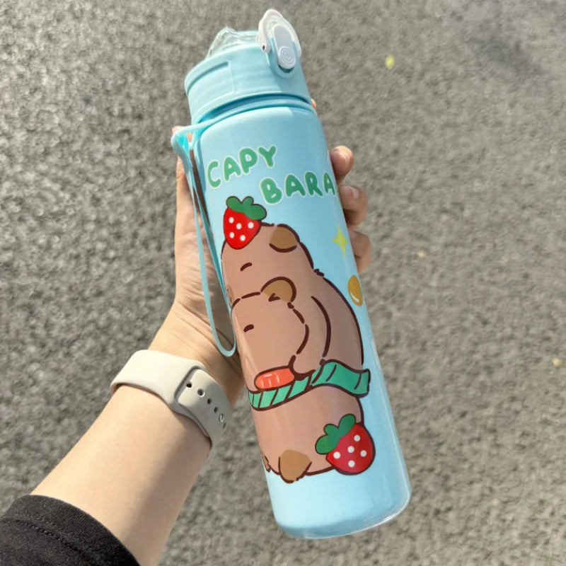 Cute Capybara Water Bottle Large Capacity Sports Cup with Straw and Strap
