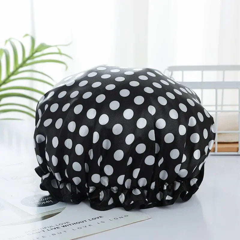 Double Layer Waterproof Shower Cap Reusable Bath Hair Cover Hat - 9