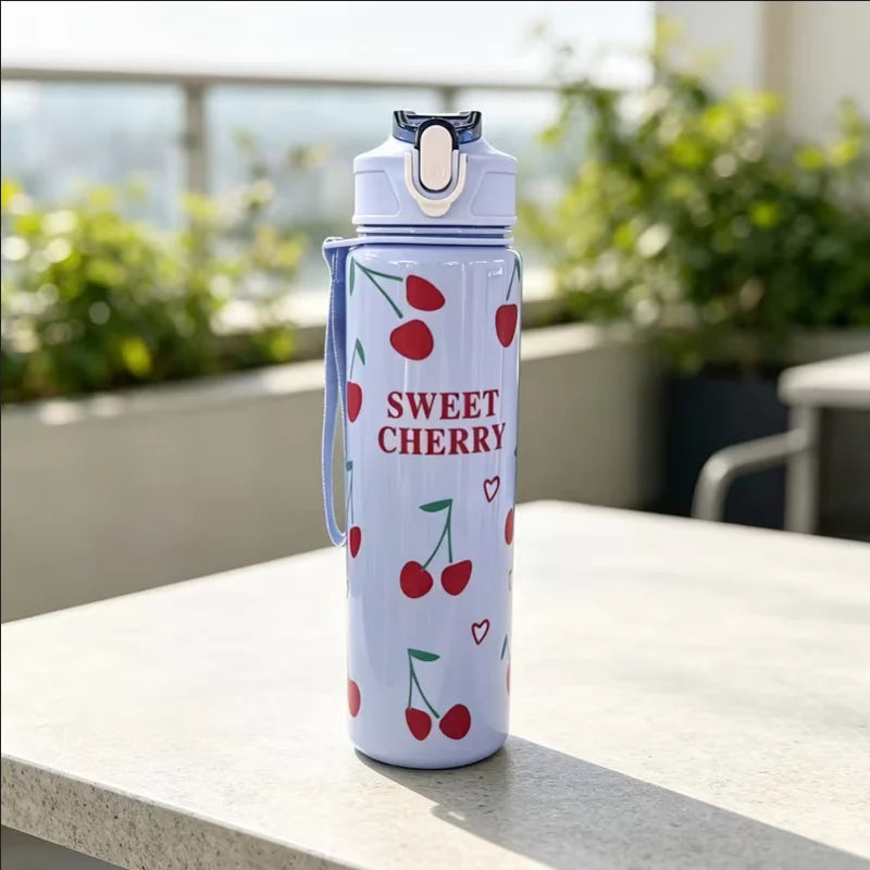 750ml Cherry Print Sports Water Bottle with Straw and Carrying Strap - 14