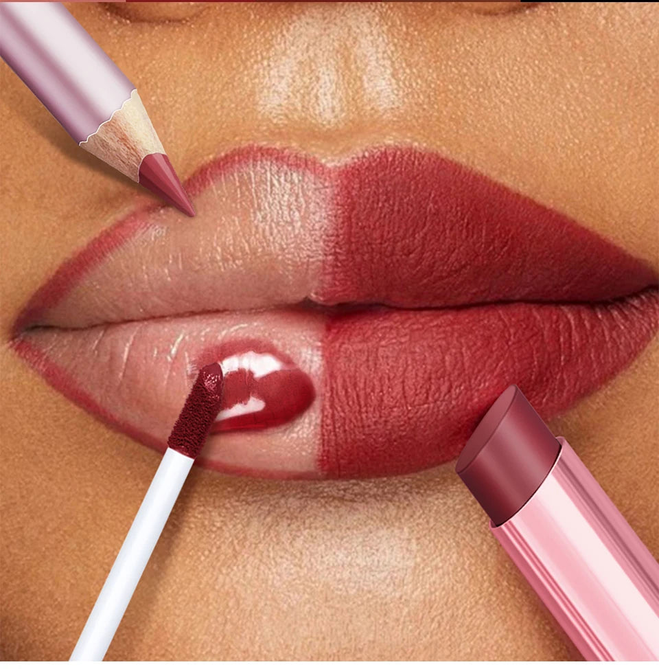 Matte Lipstick Lip Gloss Set Waterproof Nude Red Lip Liner Kit - 13