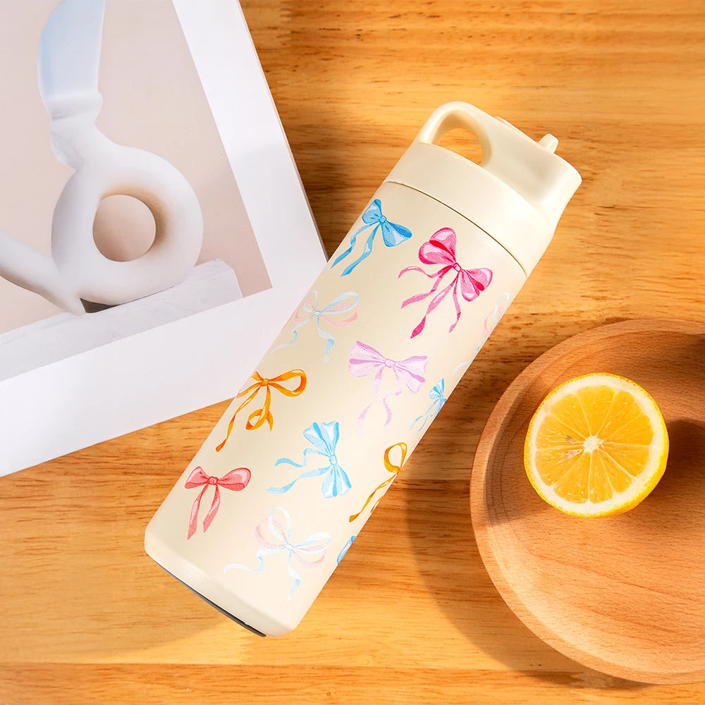 500ml Bow Print Insulated Stainless Steel Tumbler Cup with Straw