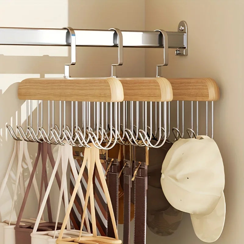 8 Hook Wooden Closet Organizer Rack for Belts Ties and Accessories