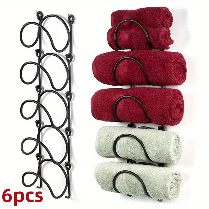 Wall Mounted Towel Rack Organizer Metal Bathroom Storage Shelf with Hooks - 1