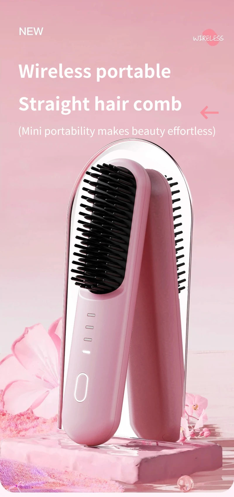 Cordless Ion Care Straight Hair Brush 4-Speed Heated Comb