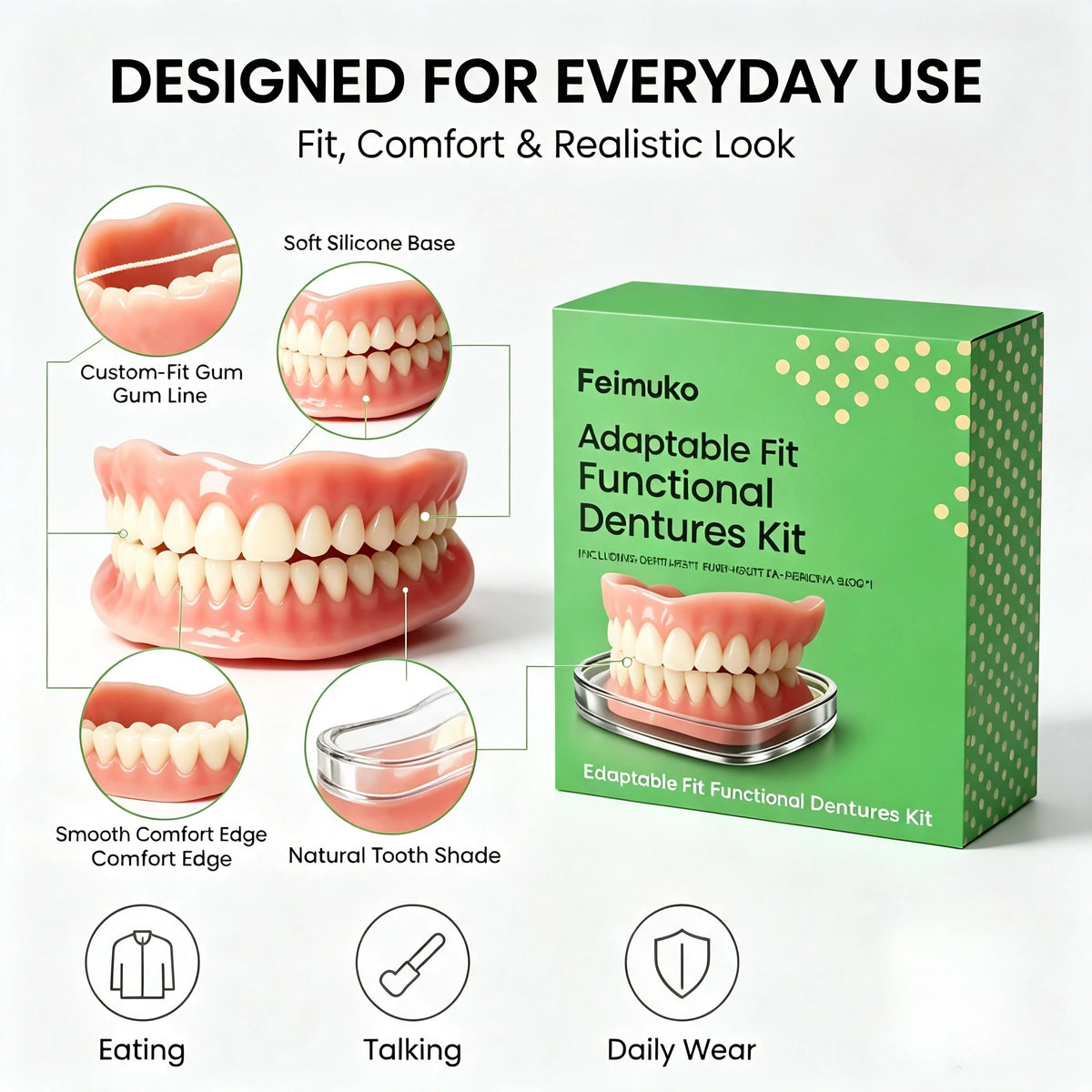 Soft Silicone Snap-On Dentures Natural Upper Lower Teeth Comfort Fit