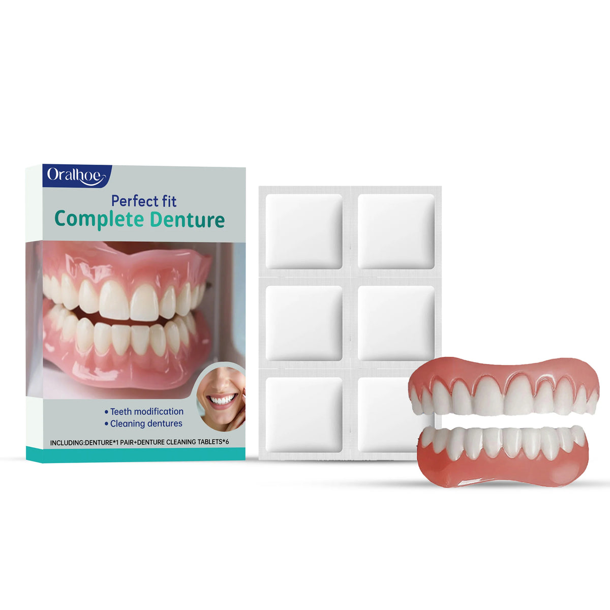 Oralhoe Cosmetic Denture Kit Upper and Lower Teeth with Cleaning Tablets
