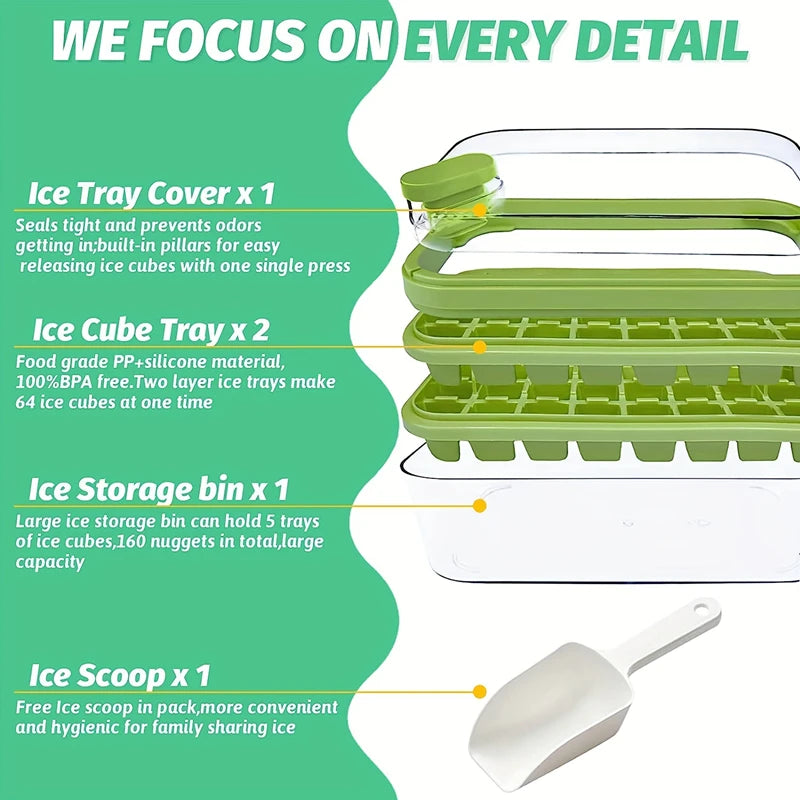 32 Grid Ice Cube Tray with Lid and Storage Bin One Click Release Maker