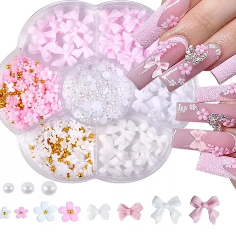 3D Acrylic Nail Art Bowknot Flower Resin Charms Rhinestones Pearl - 22