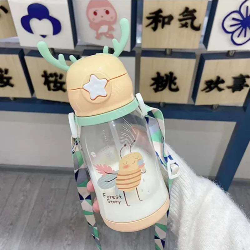Kids Antler Straw Water Bottle Cute Cartoon Drinking Cup 600ml - 5
