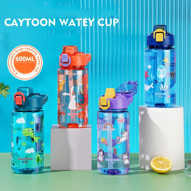 600ml Cartoon Animal Water Bottle Portable Straw Cup for Kids - 1
