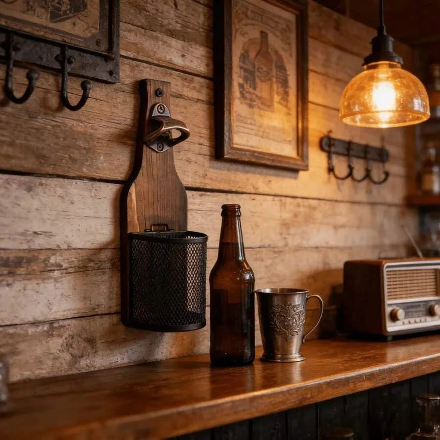 Wall Mounted Wooden Beer Bottle Opener with Magnetic Cap Catcher - 3
