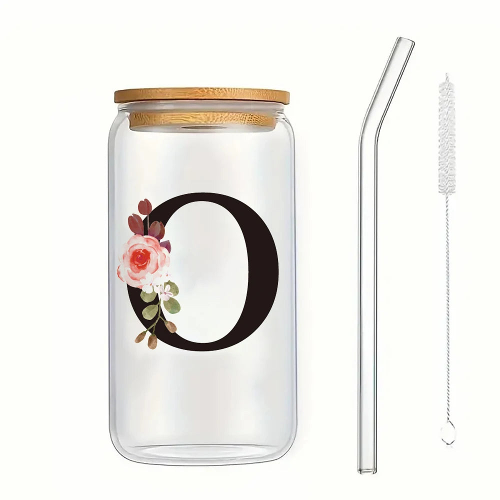500ml Floral Alphabet Glass Cup with Bamboo Lid and Straw Coffee Mug