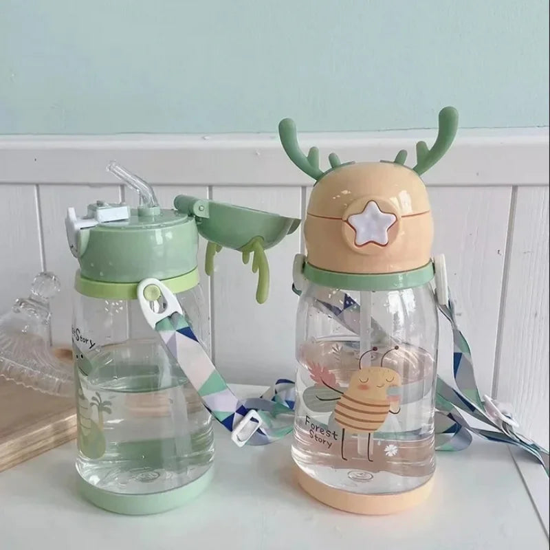 Kids Antler Straw Water Bottle Cute Cartoon Drinking Cup 600ml - 9
