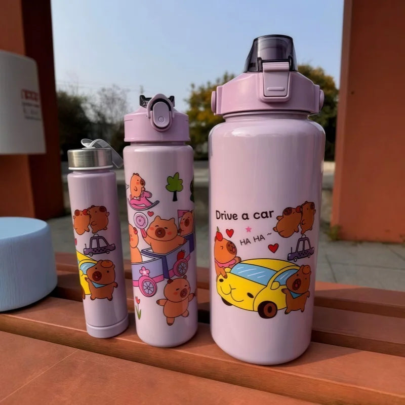 3Pcs Capybara Motivational Water Bottle Set Portable Sports Jugs