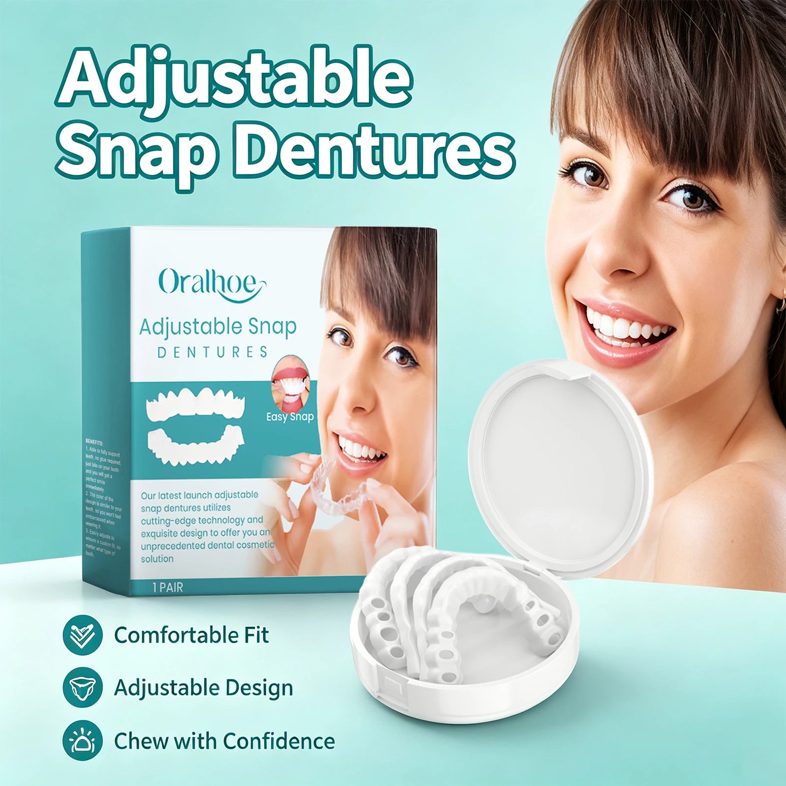 Adjustable Snap Dentures Missing Teeth Repair Upper Lower Jaw - 1