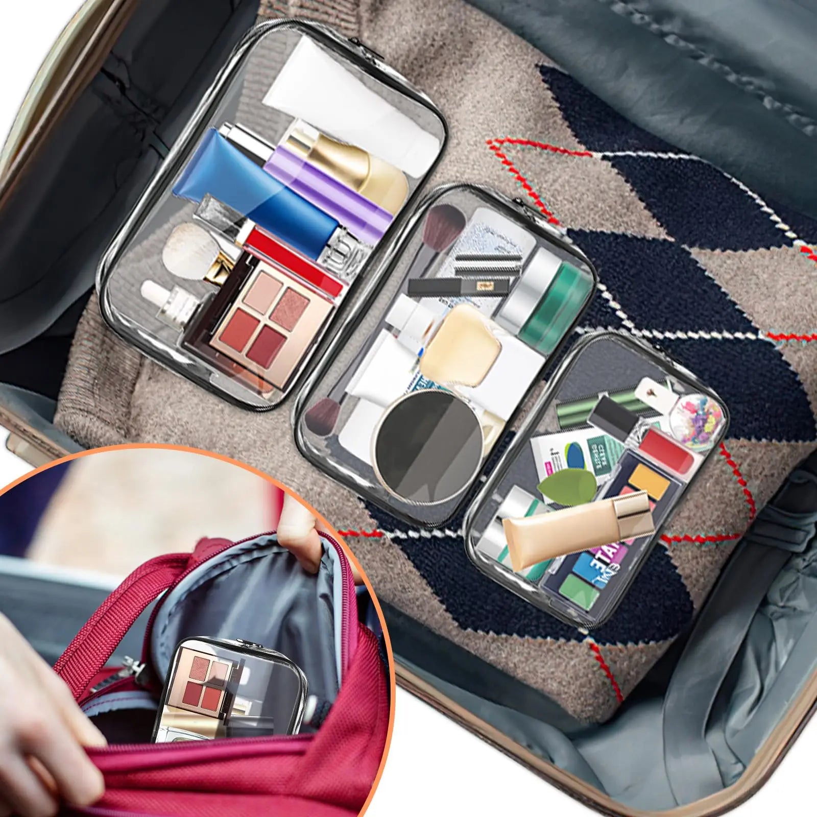 Clear Travel Toiletry Bag Set Waterproof Cosmetic Organizer with Zipper - 10