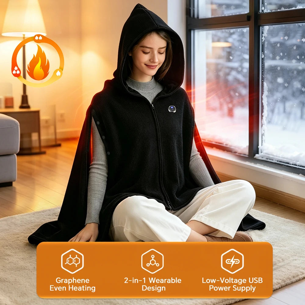 Graphene Heated Shawl Wearable USB Blanket Hooded Wrap - 7