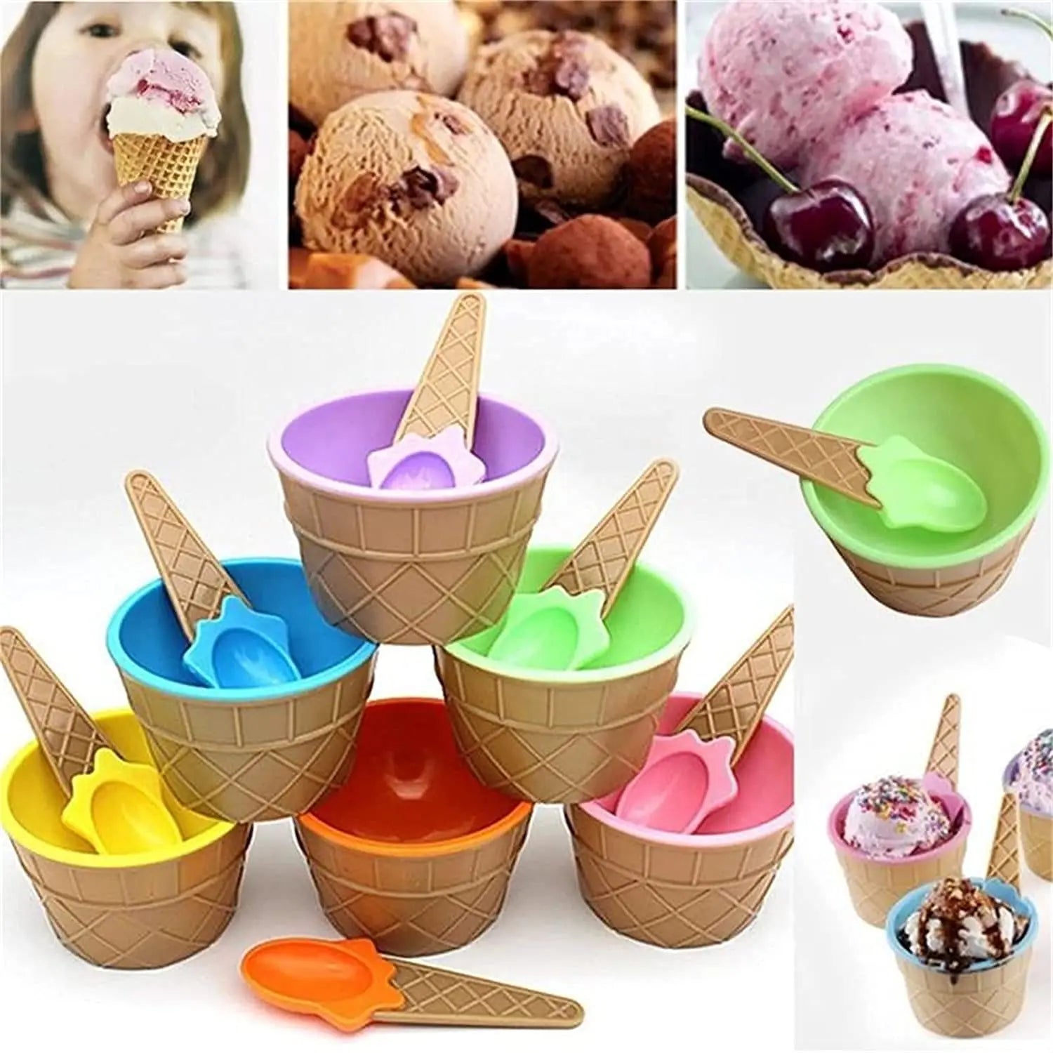 4 Piece Ice Cream Bowls and Spoons Set Dessert Sundae Serving Kit