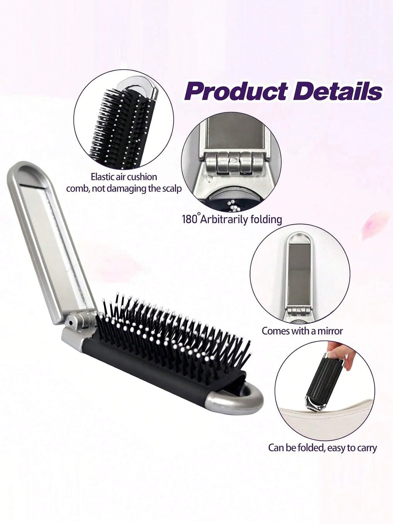 2-in-1 Folding Hair Brush with Mirror Portable Travel Massage Comb - 9