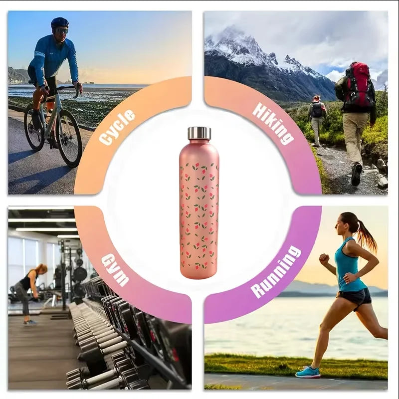 Floral Frosted Water Bottle 1000ml Leak Proof Sports Fitness Flask