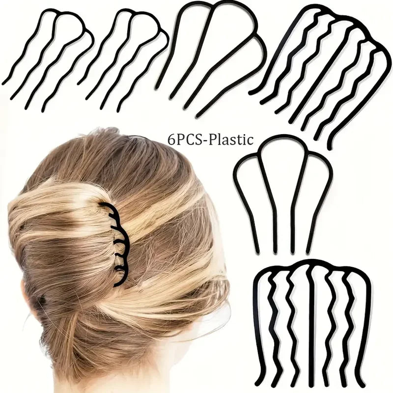 6 Piece Hair Comb Set Retro Bun Maker and Styling Fork Clips - 1