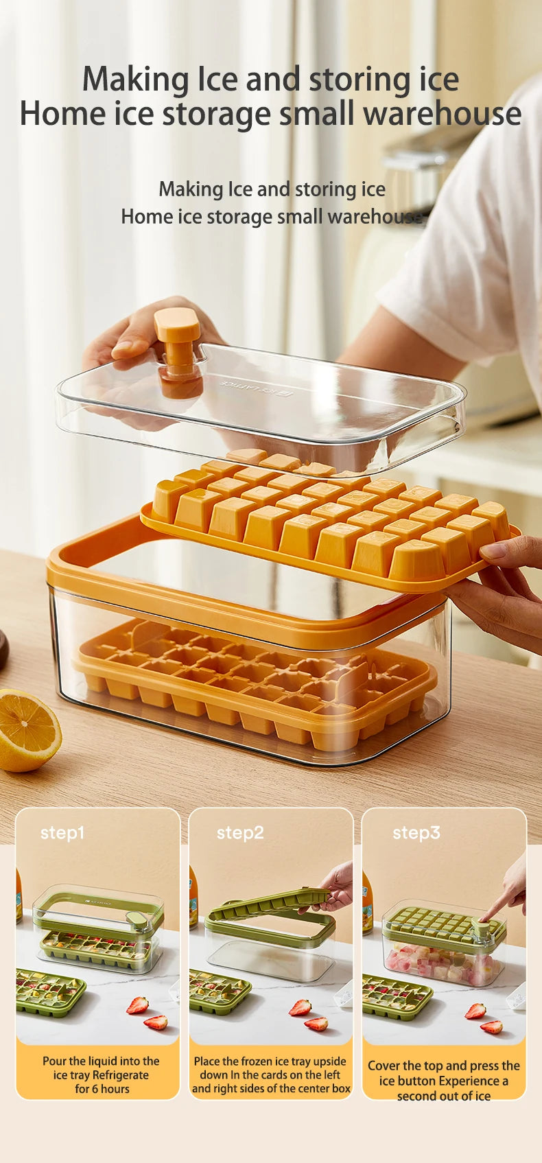 32 Grid Ice Cube Tray with Lid and Storage Bin One Click Release Maker - 12