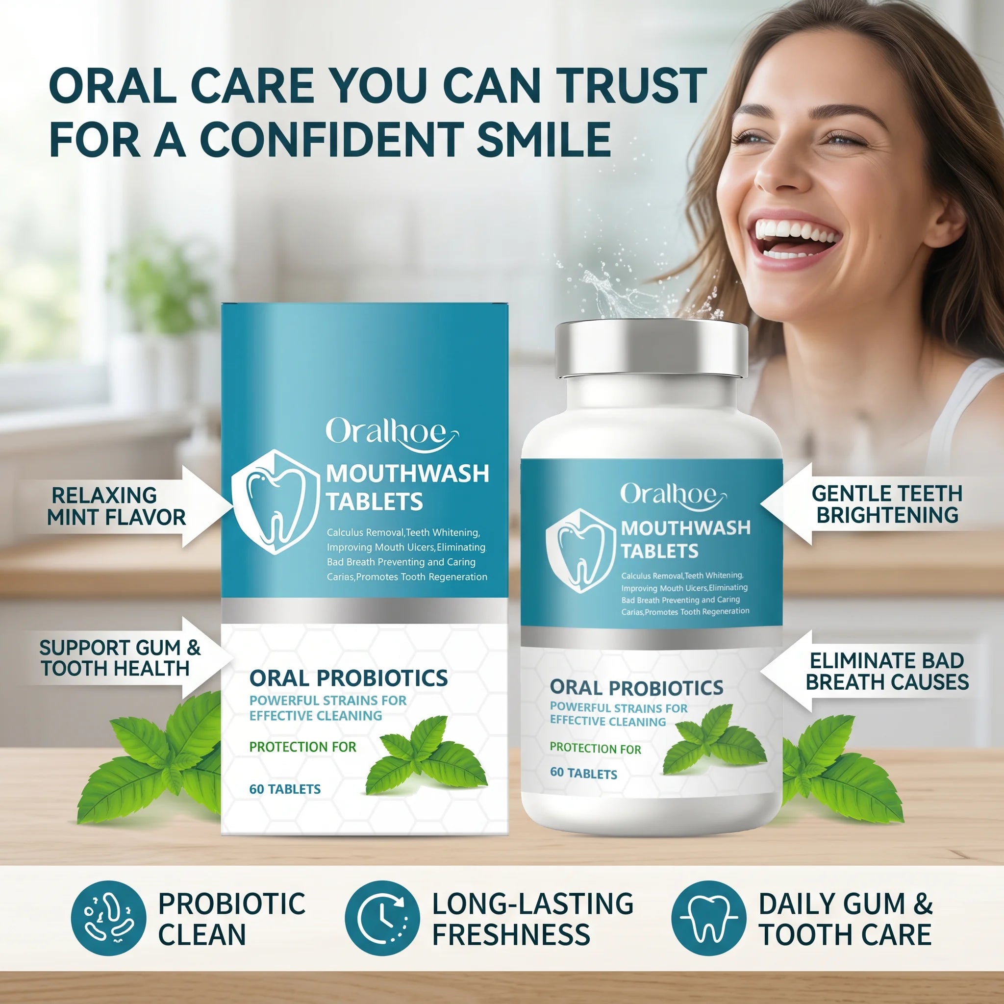 Oralhoe Probiotic Mouthwash Tablets Teeth Whitening & Mint Breath Fresh - 2