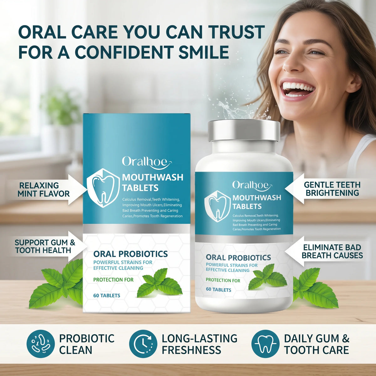 Oralhoe Probiotic Mouthwash Tablets Teeth Whitening & Mint Breath Fresh