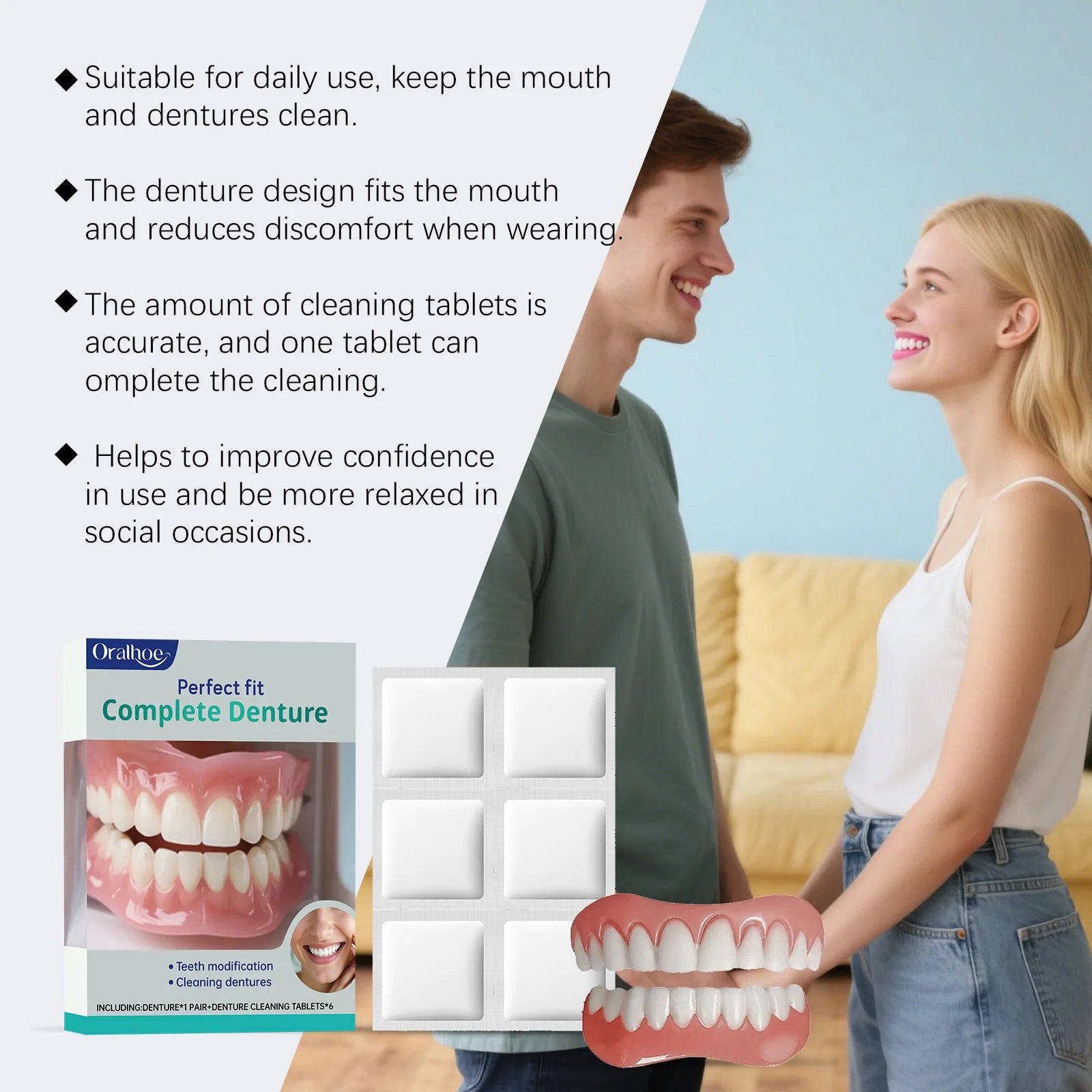 Oralhoe Cosmetic Denture Kit Upper and Lower Teeth with Cleaning Tablets - 11