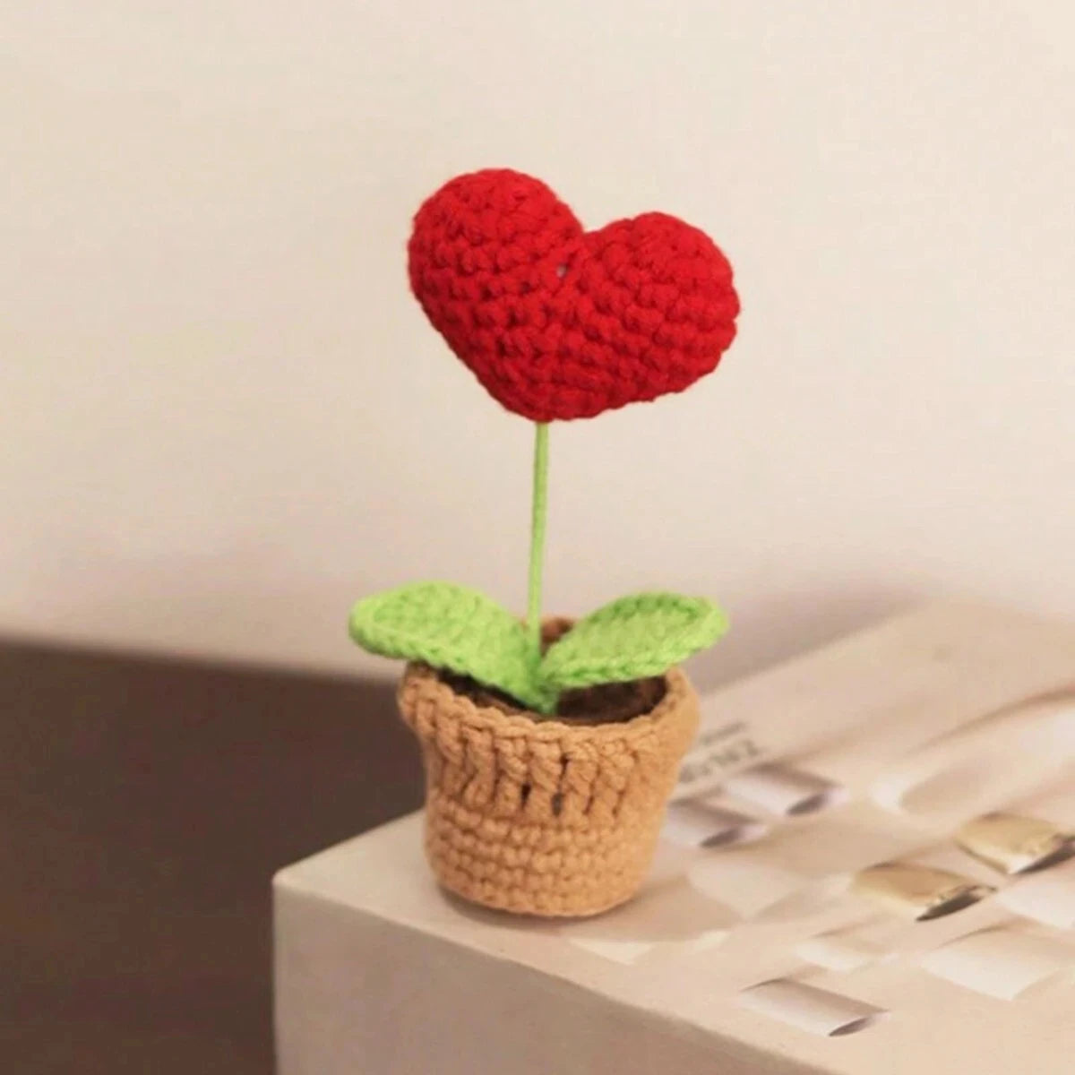 Handmade Knitted Heart Flower Pot Artificial Bonsai Desk Decoration Gift - 2