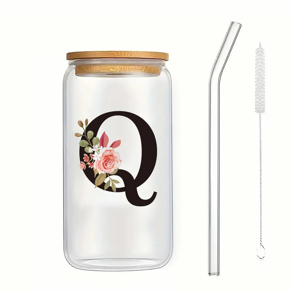 500ml Floral Alphabet Glass Cup with Bamboo Lid and Straw Coffee Mug