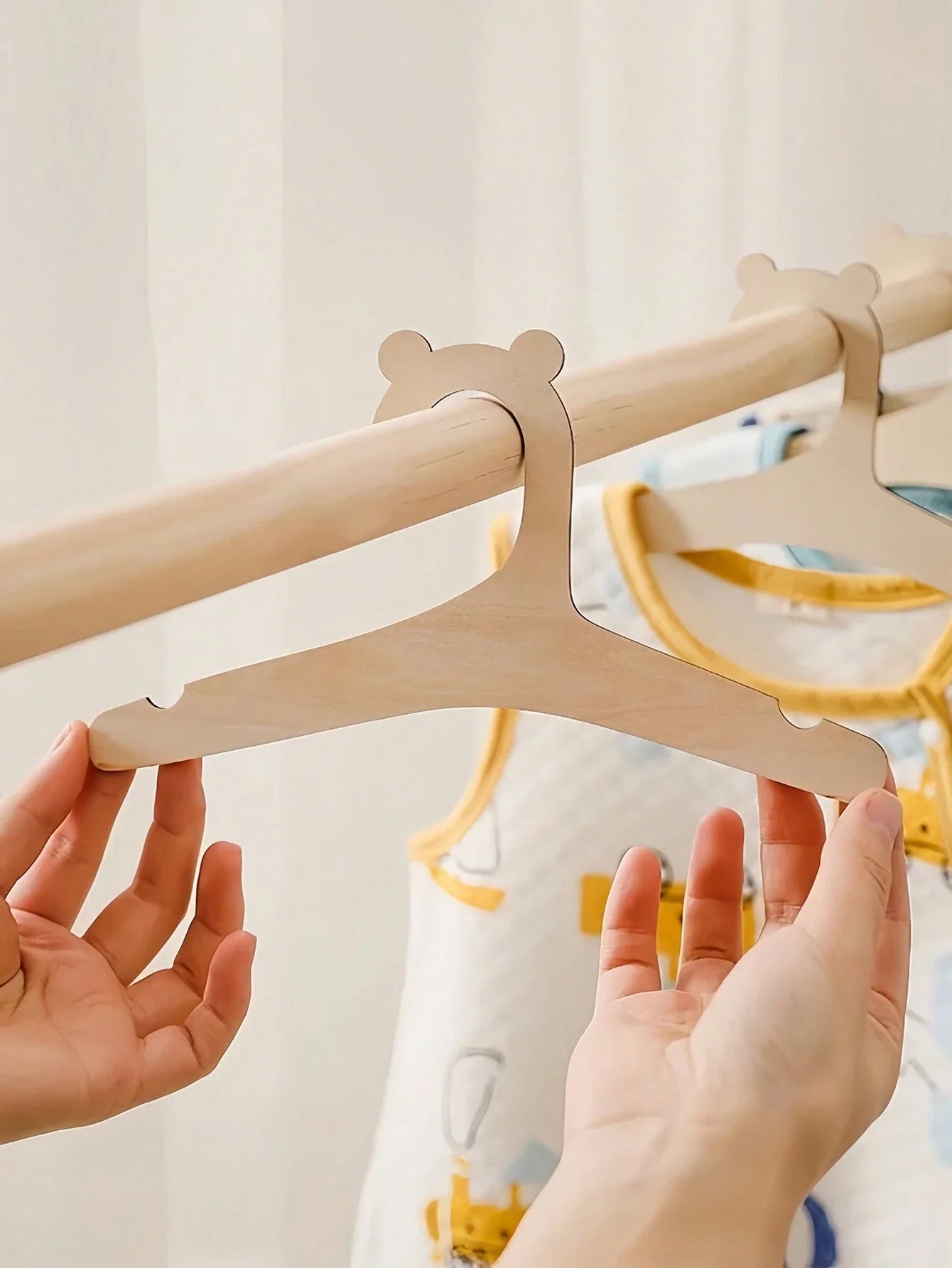 Wooden Baby Clothes Hangers Cute Bear Kids Clothing Organizer Rack - 7