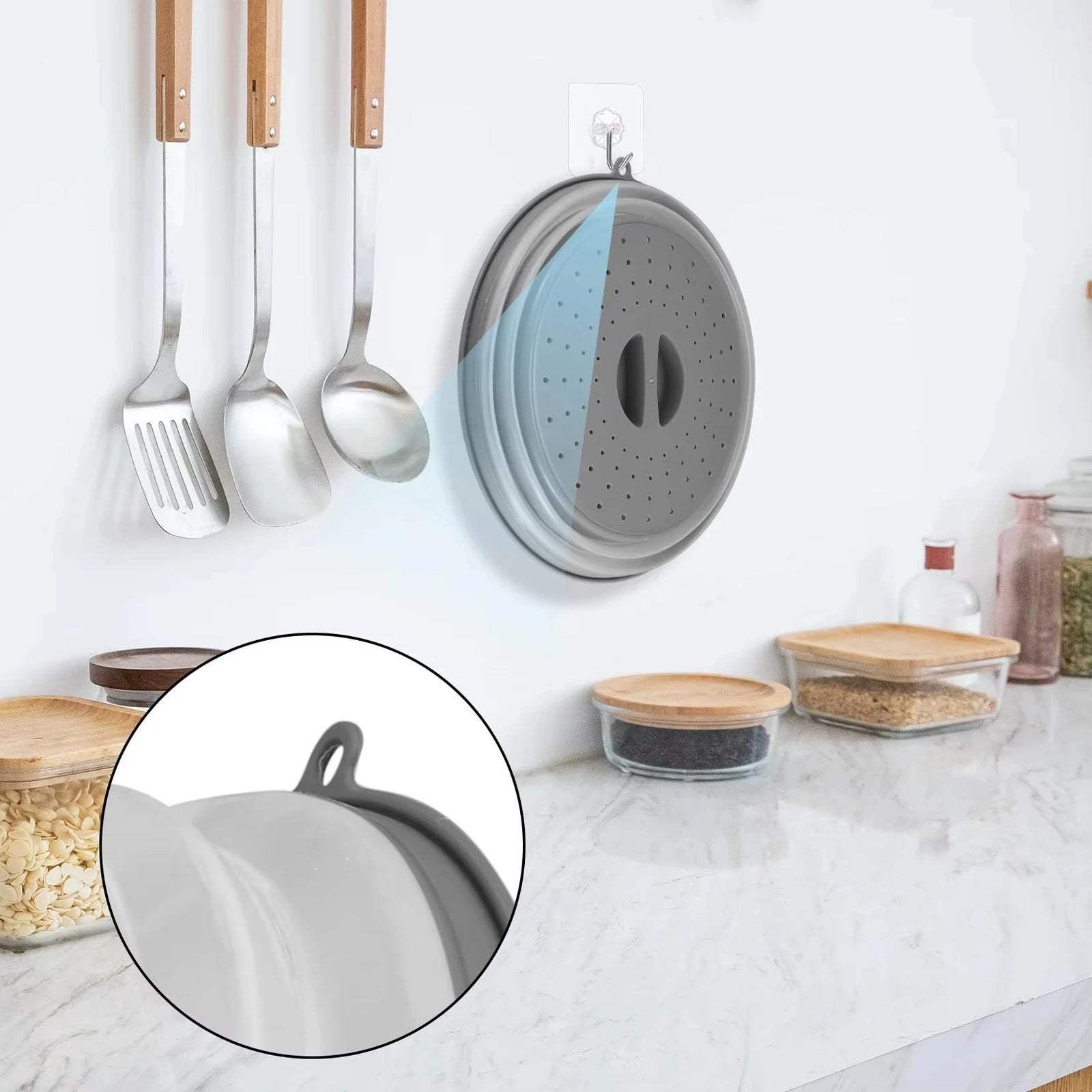 Collapsible Microwave Splatter Cover and Food Strainer Lid