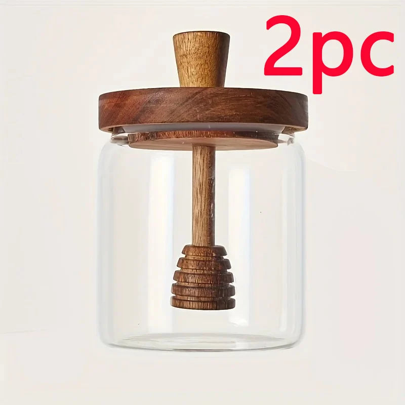 Glass Honey Jar with Wooden Dipper and Lid Syrup Storage Container