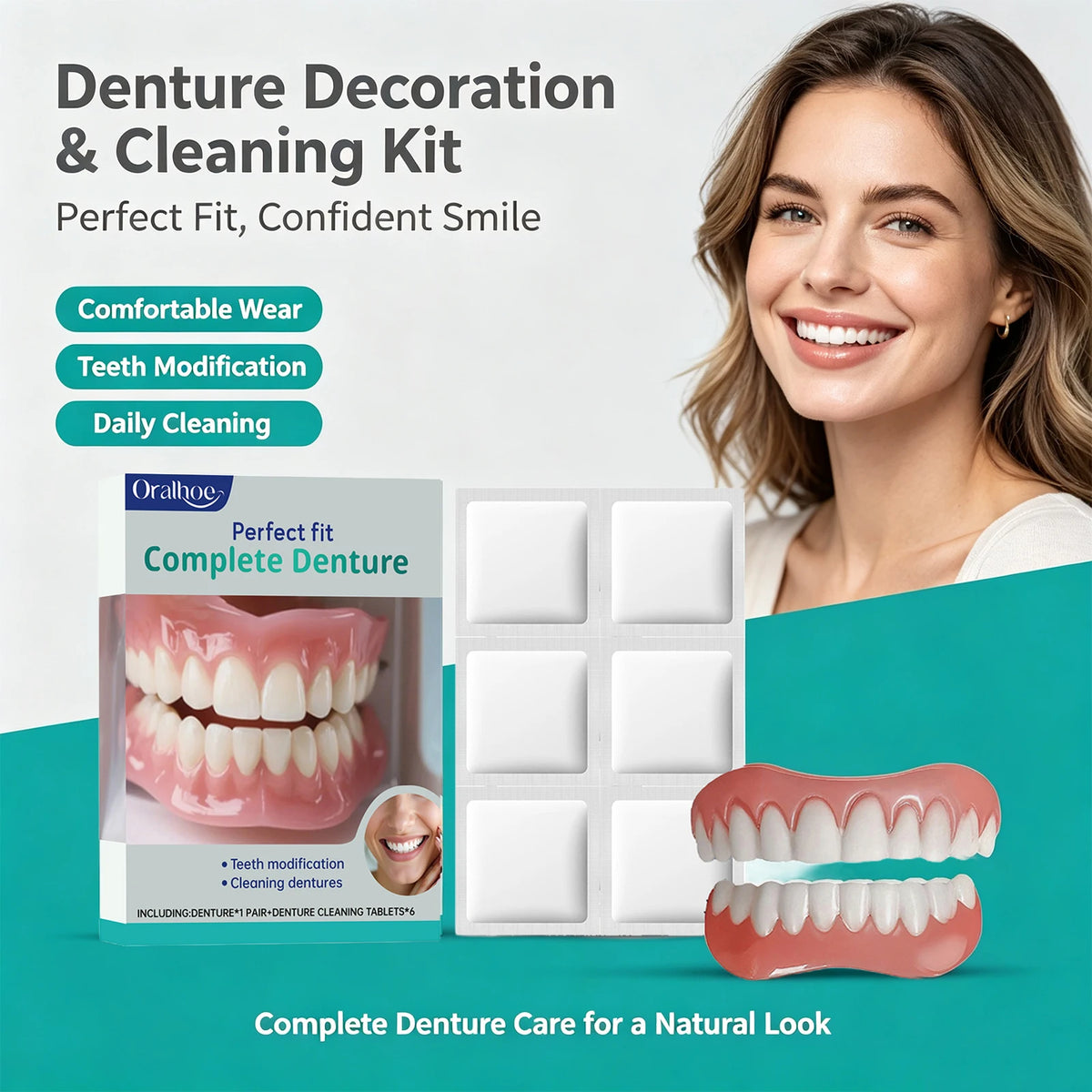 Oralhoe Cosmetic Denture Kit Upper and Lower Teeth with Cleaning Tablets