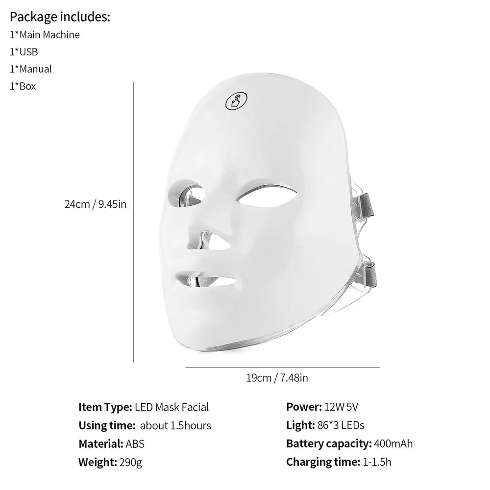 Rechargeable 7 Color LED Photon Light Therapy Facial Skin Mask - 10