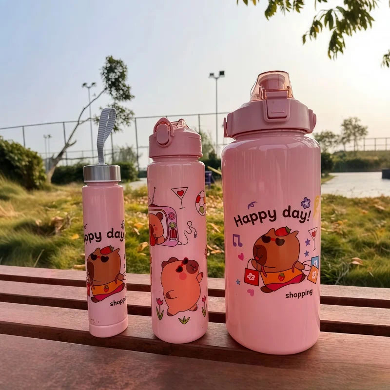 3Pcs Capybara Motivational Water Bottle Set Portable Sports Jugs