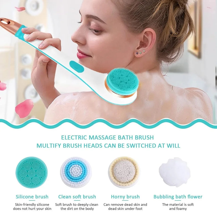 Electric Shower Bath Brush Long Handle Body Scrubber Exfoliating Tool